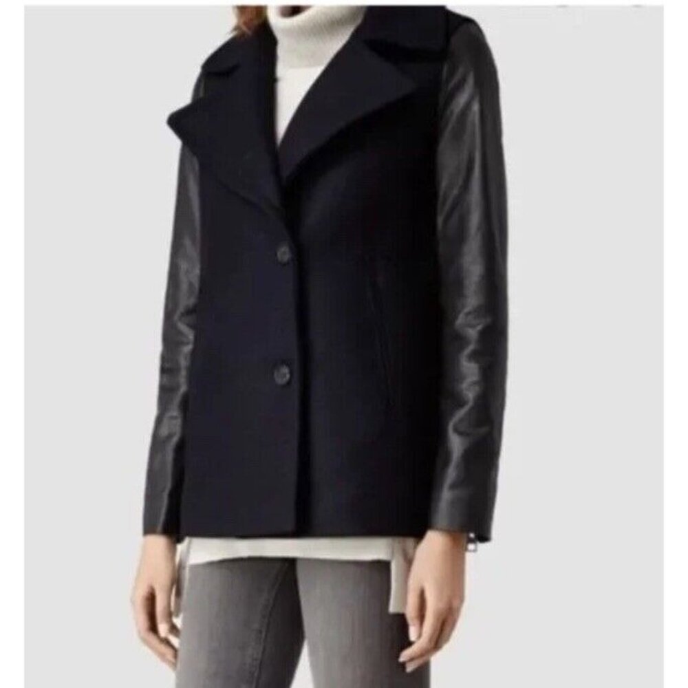 ALLSAINTS Ishba Black Wool Leather Pea Coat US Sz 0